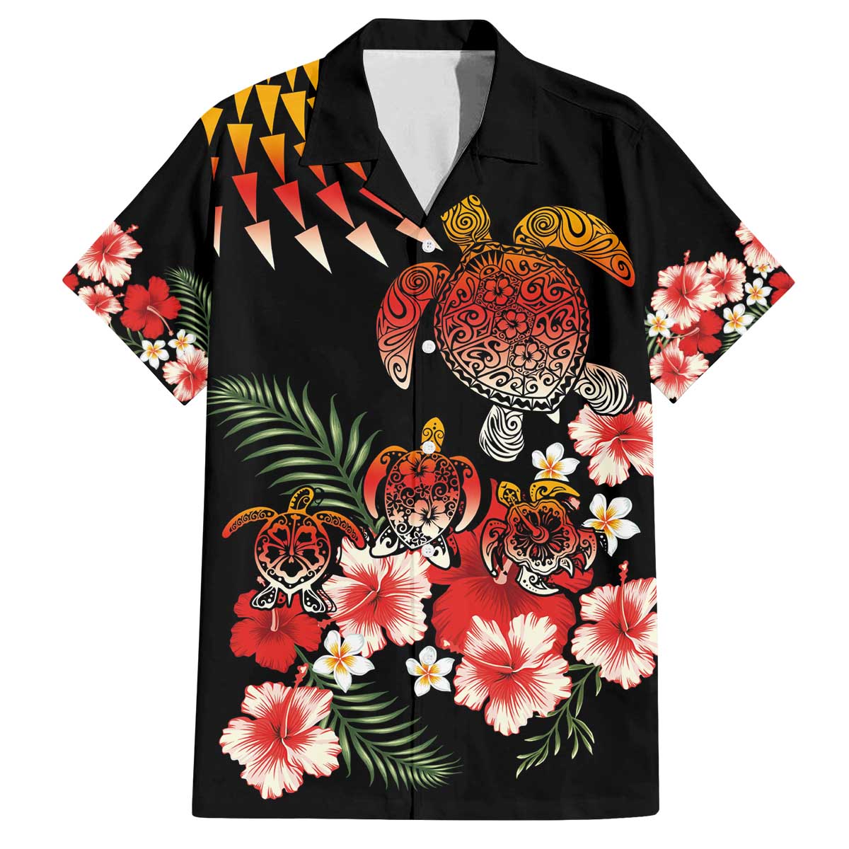 Hawaiian Hibiscus Turtle and Tropical Flower Family Matching Off The Shoulder Long Sleeve Dress and Hawaiian Shirt Dynamic Vibe LT03 Dad's Shirt - Short Sleeve Black - Polynesian Pride
