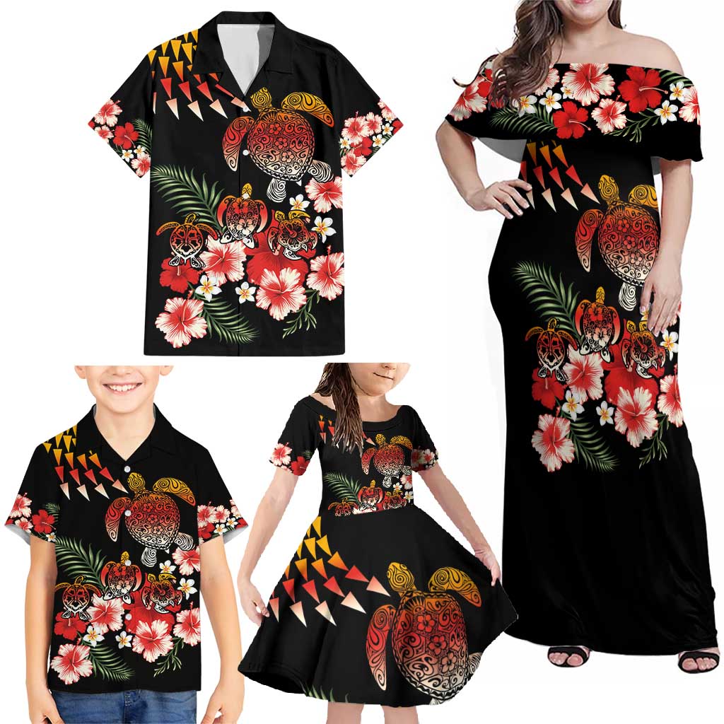 Hawaiian Hibiscus Turtle and Tropical Flower Family Matching Off Shoulder Maxi Dress and Hawaiian Shirt Dynamic Vibe LT03 - Polynesian Pride