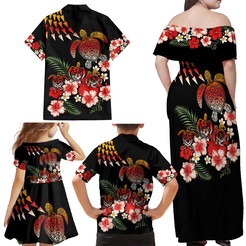 Hawaiian Hibiscus Turtle and Tropical Flower Family Matching Off Shoulder Maxi Dress and Hawaiian Shirt Dynamic Vibe LT03 - Polynesian Pride