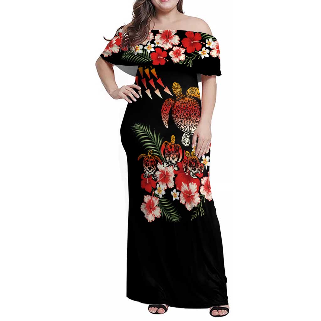 Hawaiian Hibiscus Turtle and Tropical Flower Family Matching Off Shoulder Maxi Dress and Hawaiian Shirt Dynamic Vibe LT03 Mom's Dress Black - Polynesian Pride