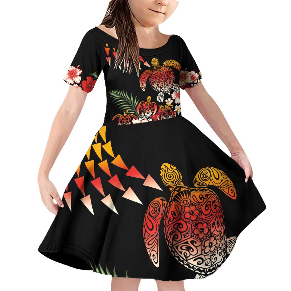 Hawaiian Hibiscus Turtle and Tropical Flower Family Matching Off Shoulder Short Dress and Hawaiian Shirt Dynamic Vibe LT03 Daughter's Dress Black - Polynesian Pride