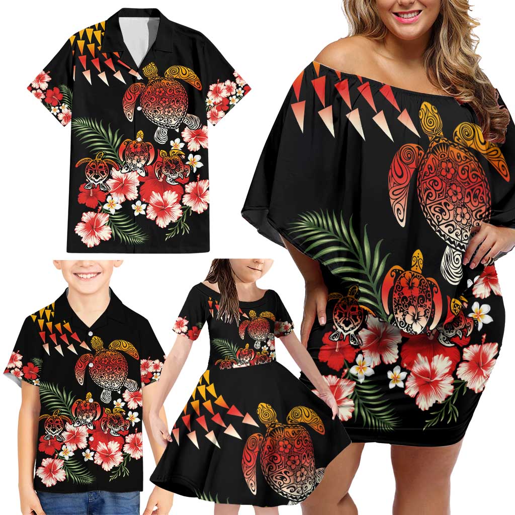 Hawaiian Hibiscus Turtle and Tropical Flower Family Matching Off Shoulder Short Dress and Hawaiian Shirt Dynamic Vibe LT03 - Polynesian Pride