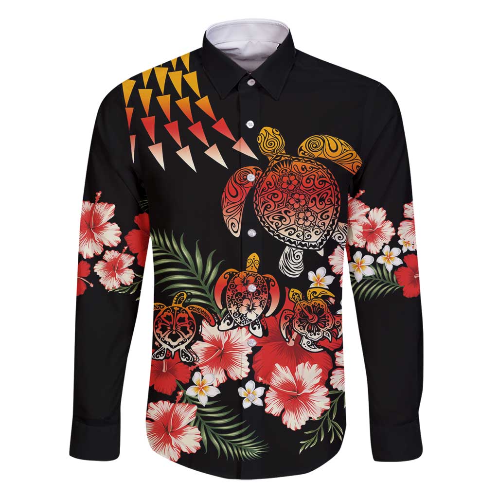 Hawaiian Hibiscus Turtle and Tropical Flower Family Matching Summer Maxi Dress and Hawaiian Shirt Dynamic Vibe LT03 Dad's Shirt - Long Sleeve Black - Polynesian Pride