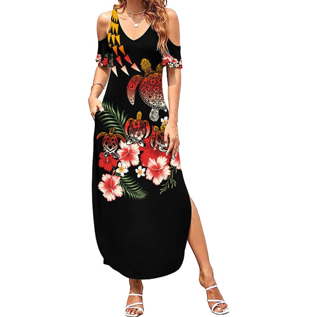 Hawaiian Hibiscus Turtle and Tropical Flower Family Matching Summer Maxi Dress and Hawaiian Shirt Dynamic Vibe LT03 Mom's Dress Black - Polynesian Pride