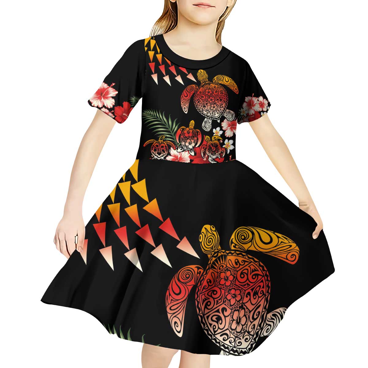 Hawaiian Hibiscus Turtle and Tropical Flower Kid Short Sleeve Dress Dynamic Vibe