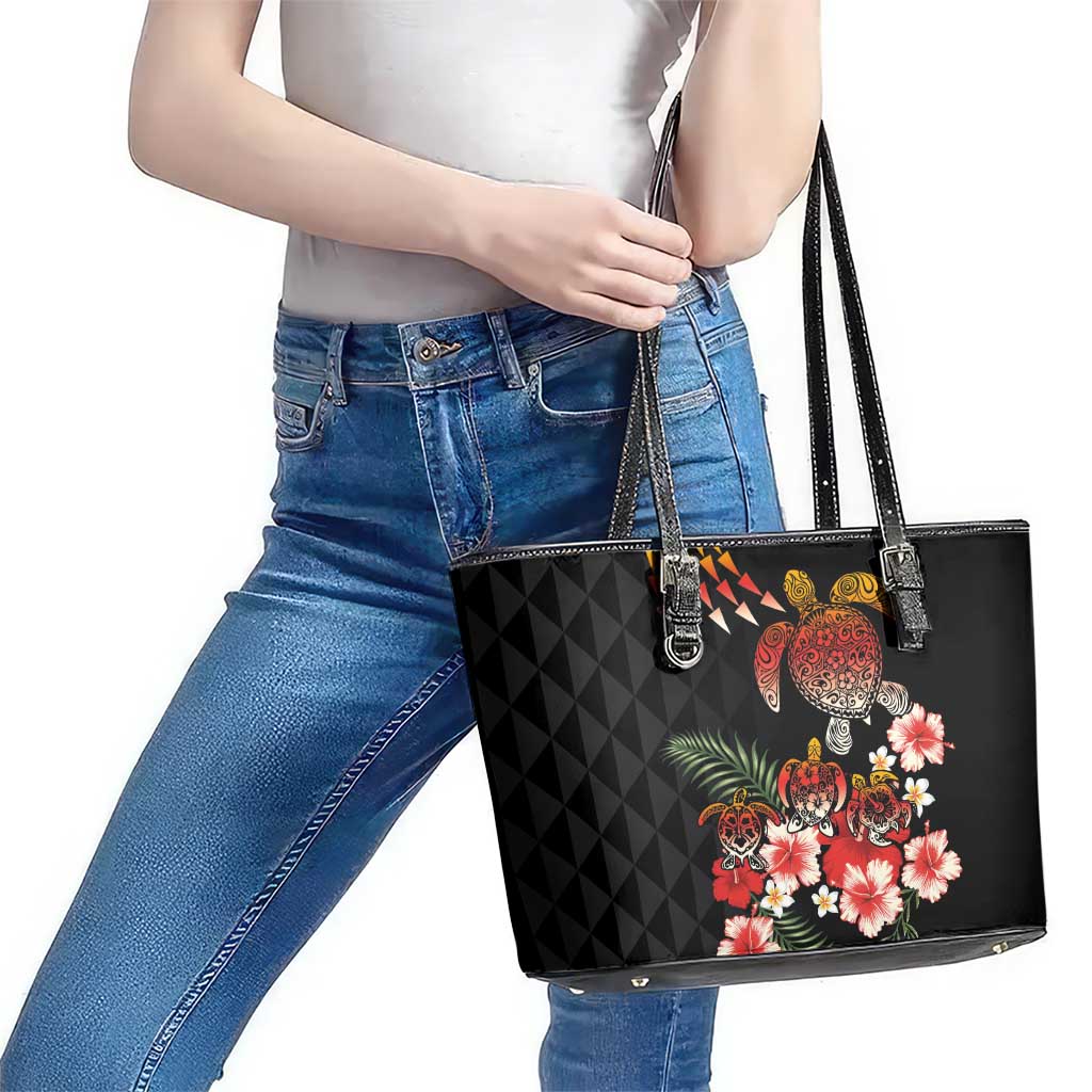 Hawaiian Hibiscus Turtle and Tropical Flower Leather Tote Bag Dynamic Vibe