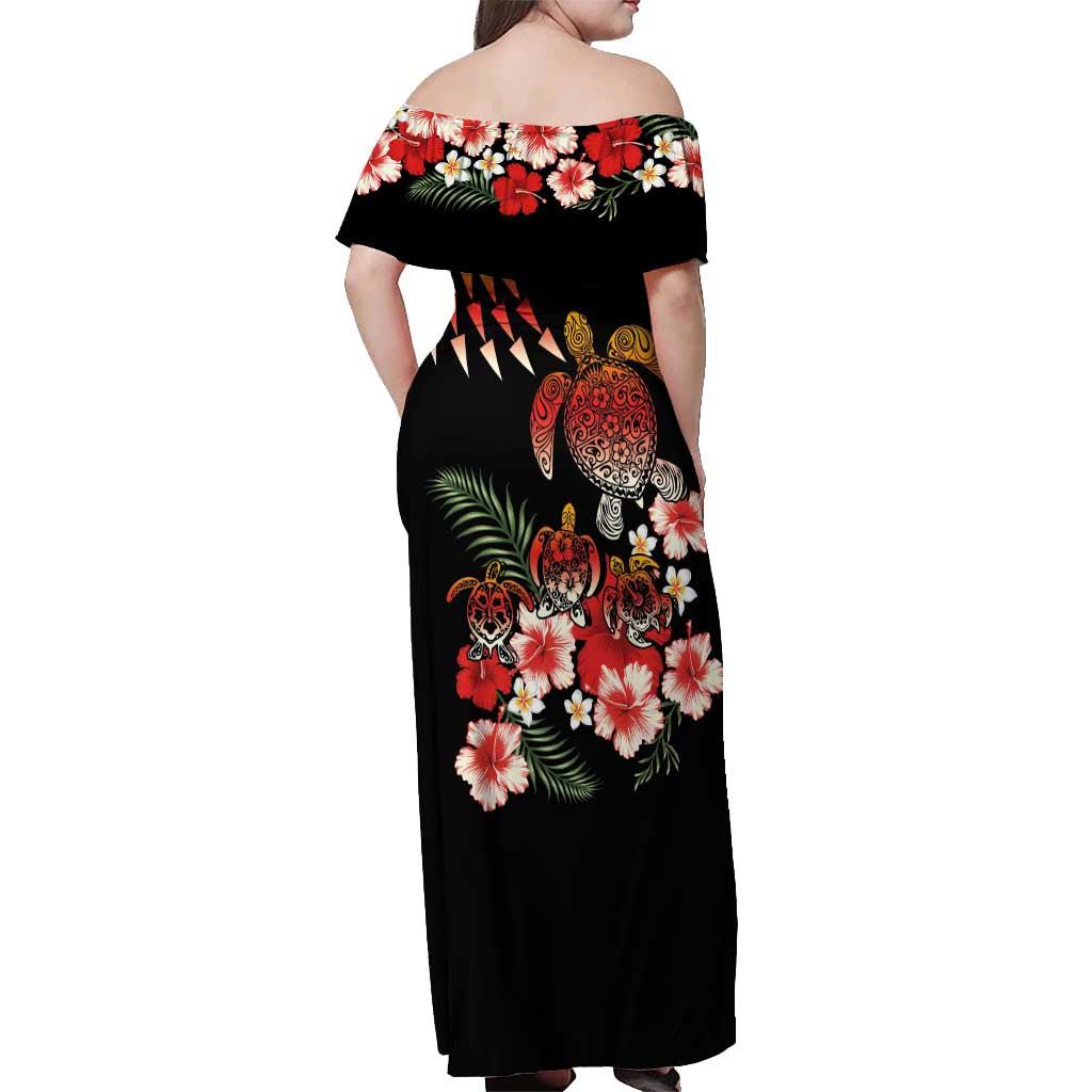 Hawaiian Hibiscus Turtle and Tropical Flower Off Shoulder Maxi Dress Dynamic Vibe
