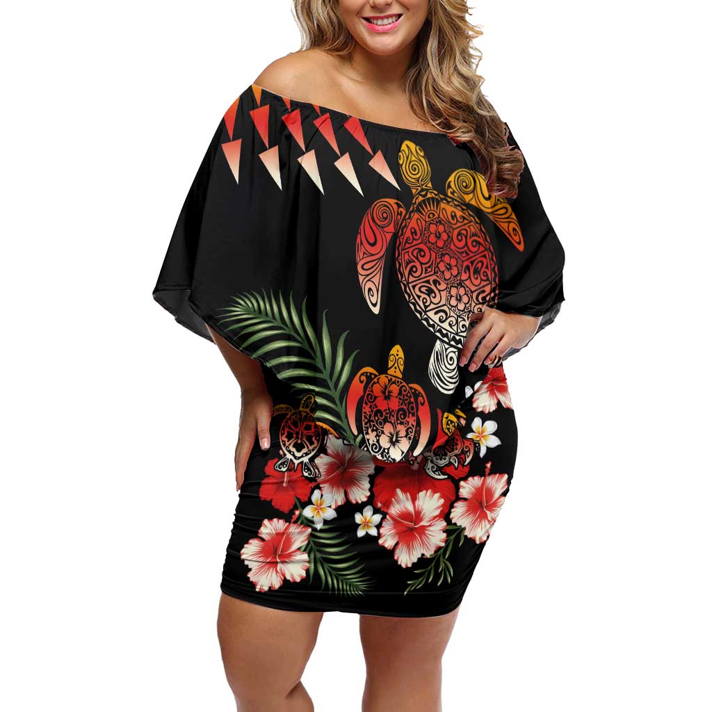 Hawaiian Hibiscus Turtle and Tropical Flower Off Shoulder Short Dress Dynamic Vibe
