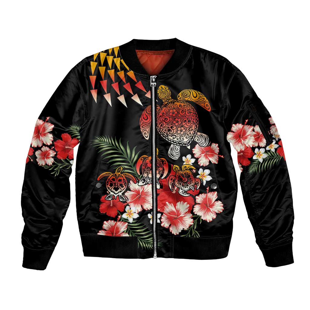 Hawaiian Hibiscus Turtle and Tropical Flower Sleeve Zip Bomber Jacket Dynamic Vibe LT03 Unisex Black - Polynesian Pride