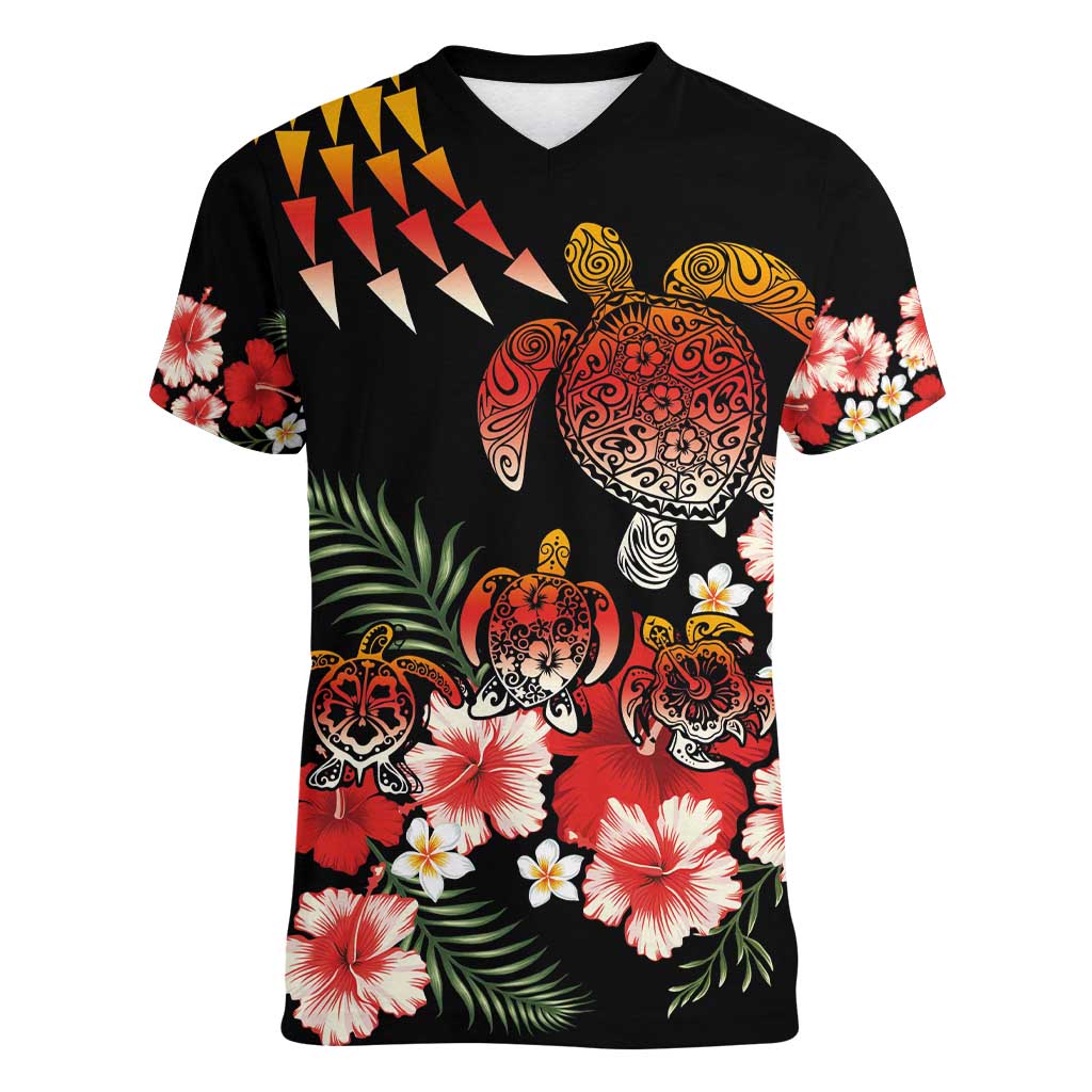Hawaiian Hibiscus Turtle and Tropical Flower Women V-Neck T-Shirt Dynamic Vibe