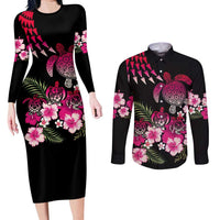 Hawaiian Hibiscus Turtle and Tropical Flower Couples Matching Long Sleeve Bodycon Dress and Long Sleeve Button Shirt Sweet Vibe LT03 Black - Polynesian Pride