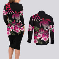 Hawaiian Hibiscus Turtle and Tropical Flower Couples Matching Long Sleeve Bodycon Dress and Long Sleeve Button Shirt Sweet Vibe LT03 - Polynesian Pride