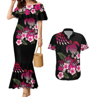 Hawaiian Hibiscus Turtle and Tropical Flower Couples Matching Mermaid Dress and Hawaiian Shirt Sweet Vibe LT03 Black - Polynesian Pride