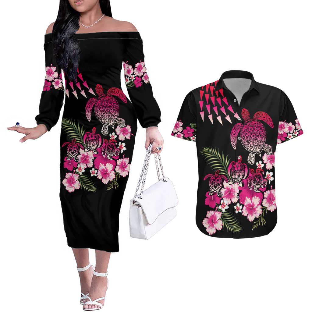 Hawaiian Hibiscus Turtle and Tropical Flower Couples Matching Off The Shoulder Long Sleeve Dress and Hawaiian Shirt Sweet Vibe LT03 Black - Polynesian Pride