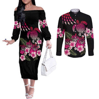 Hawaiian Hibiscus Turtle and Tropical Flower Couples Matching Off The Shoulder Long Sleeve Dress and Long Sleeve Button Shirt Sweet Vibe LT03 Black - Polynesian Pride