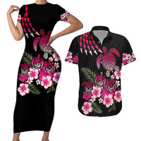 Hawaiian Hibiscus Turtle and Tropical Flower Couples Matching Short Sleeve Bodycon Dress and Hawaiian Shirt Sweet Vibe LT03 Black - Polynesian Pride