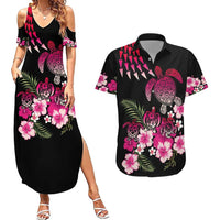 Hawaiian Hibiscus Turtle and Tropical Flower Couples Matching Summer Maxi Dress and Hawaiian Shirt Sweet Vibe LT03 Black - Polynesian Pride