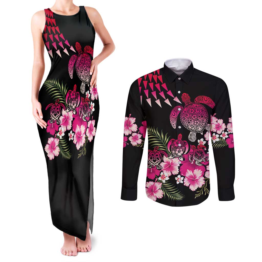 Hawaiian Hibiscus Turtle and Tropical Flower Couples Matching Tank Maxi Dress and Long Sleeve Button Shirt Sweet Vibe LT03 Black - Polynesian Pride
