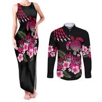 Hawaiian Hibiscus Turtle and Tropical Flower Couples Matching Tank Maxi Dress and Long Sleeve Button Shirt Sweet Vibe LT03 Black - Polynesian Pride