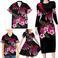 Hawaiian Hibiscus Turtle and Tropical Flower Family Matching Long Sleeve Bodycon Dress and Hawaiian Shirt Sweet Vibe LT03 - Polynesian Pride
