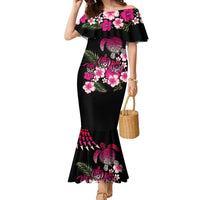 Hawaiian Hibiscus Turtle and Tropical Flower Family Matching Mermaid Dress and Hawaiian Shirt Sweet Vibe LT03 Mom's Dress Black - Polynesian Pride