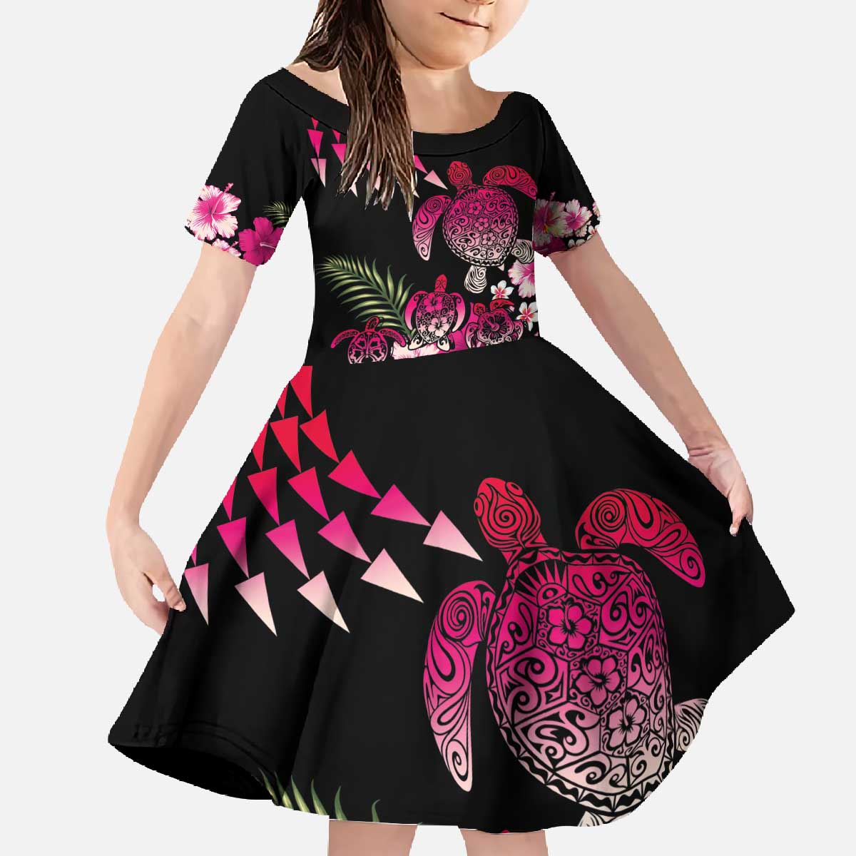 Hawaiian Hibiscus Turtle and Tropical Flower Family Matching Off The Shoulder Long Sleeve Dress and Hawaiian Shirt Sweet Vibe LT03 Daughter's Dress Black - Polynesian Pride