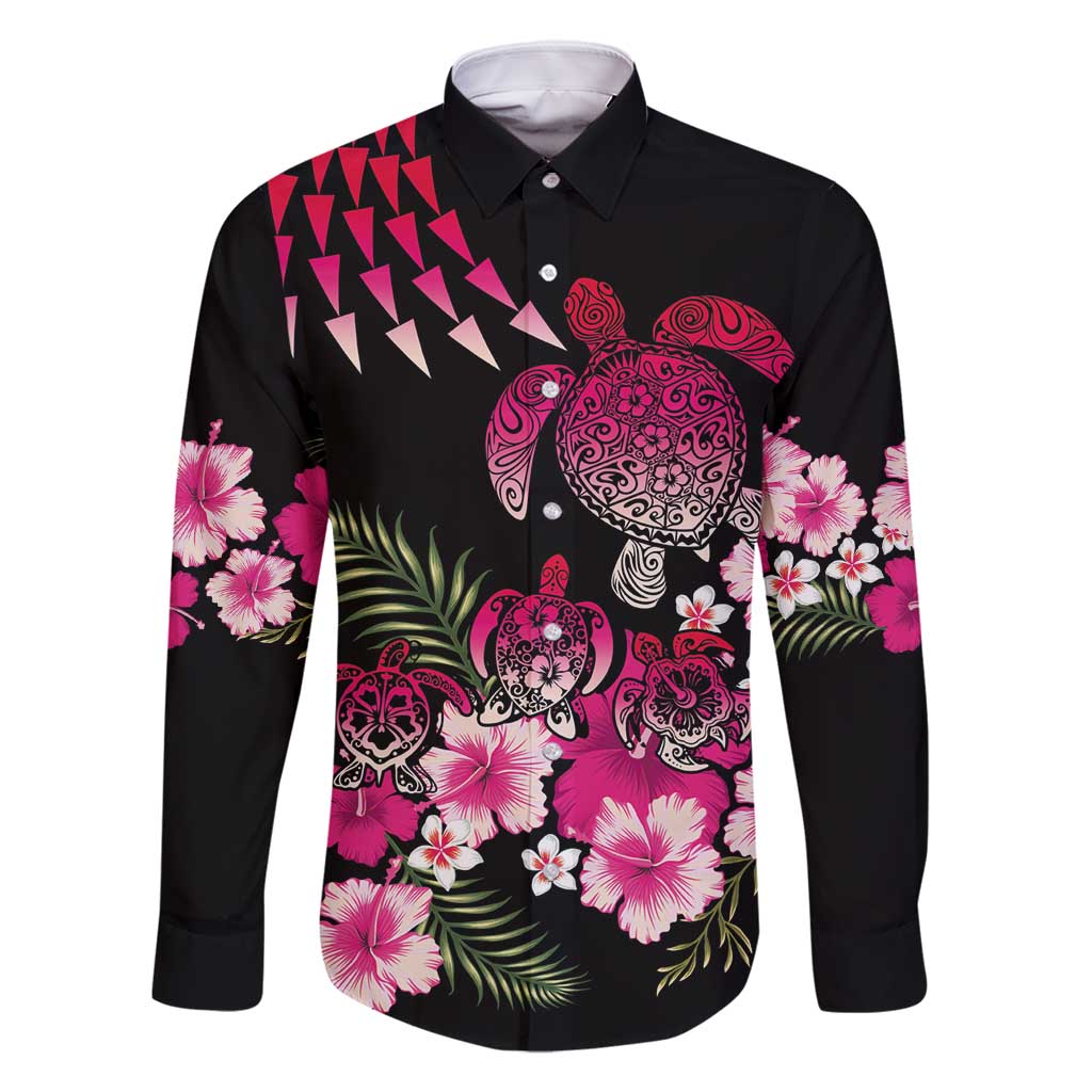 Hawaiian Hibiscus Turtle and Tropical Flower Family Matching Off Shoulder Maxi Dress and Hawaiian Shirt Sweet Vibe LT03 Dad's Shirt - Long Sleeve Black - Polynesian Pride