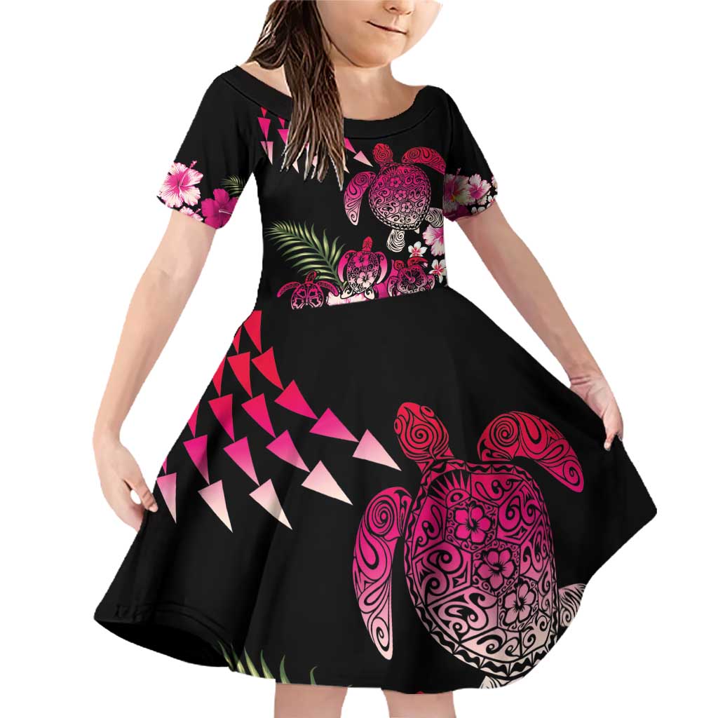 Hawaiian Hibiscus Turtle and Tropical Flower Family Matching Off Shoulder Short Dress and Hawaiian Shirt Sweet Vibe LT03 Daughter's Dress Black - Polynesian Pride