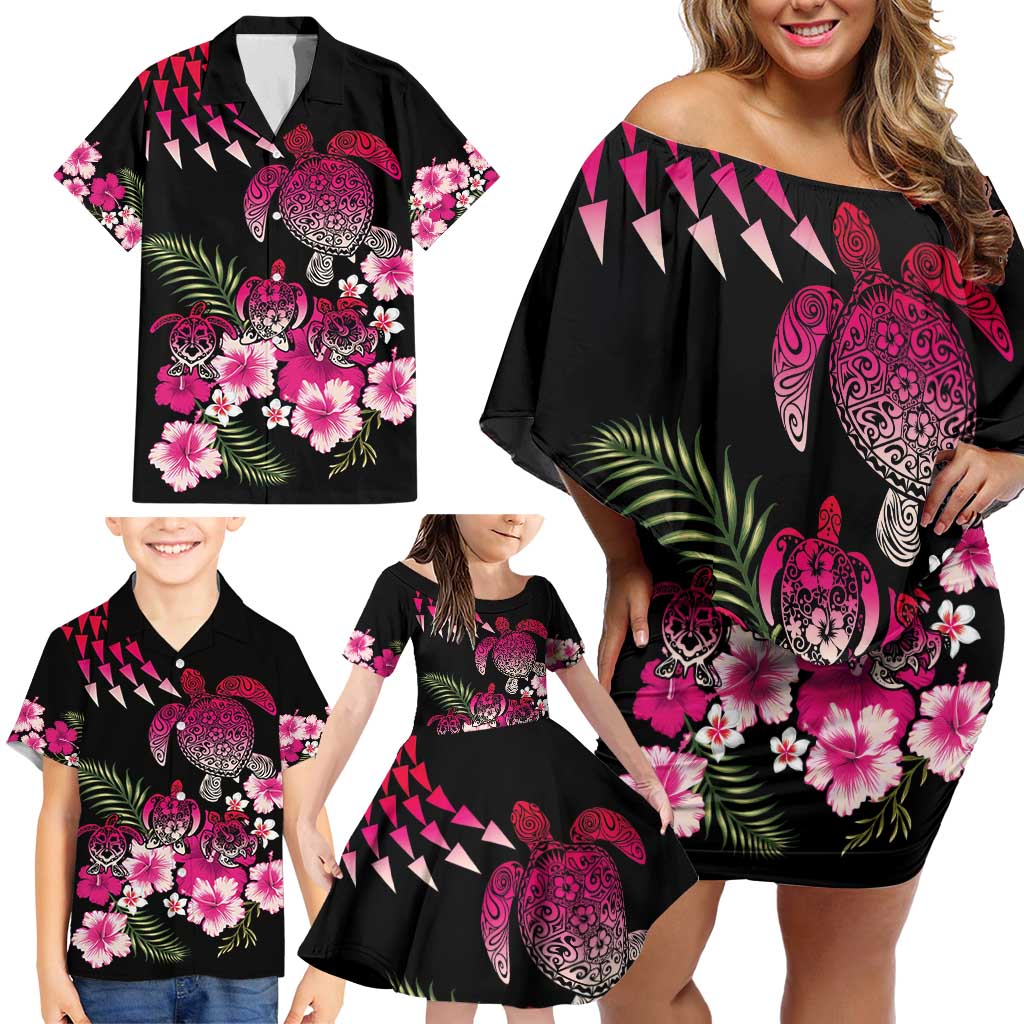 Hawaiian Hibiscus Turtle and Tropical Flower Family Matching Off Shoulder Short Dress and Hawaiian Shirt Sweet Vibe LT03 - Polynesian Pride