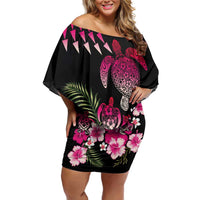 Hawaiian Hibiscus Turtle and Tropical Flower Family Matching Off Shoulder Short Dress and Hawaiian Shirt Sweet Vibe LT03 Mom's Dress Black - Polynesian Pride