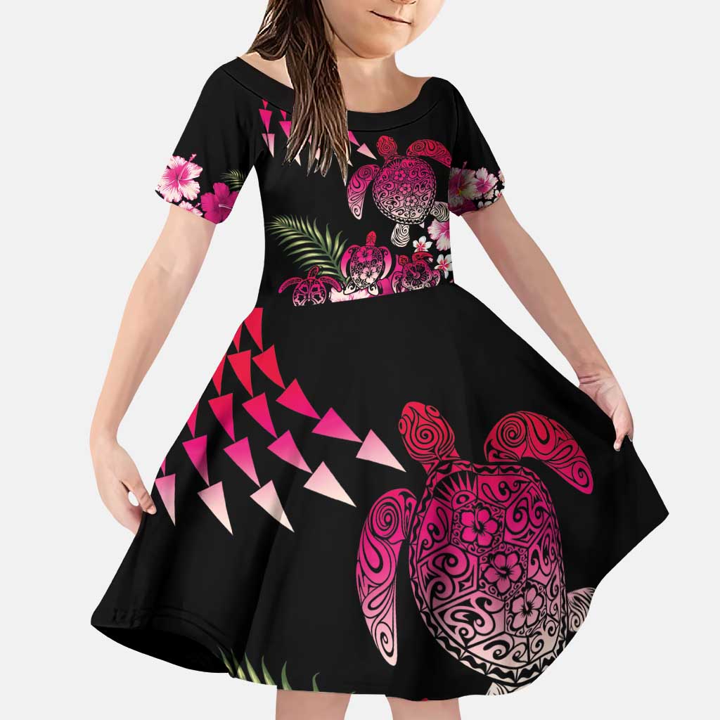 Hawaiian Hibiscus Turtle and Tropical Flower Family Matching Puletasi and Hawaiian Shirt Sweet Vibe LT03 Daughter's Dress Black - Polynesian Pride
