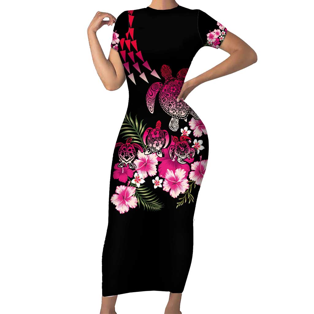 Hawaiian Hibiscus Turtle and Tropical Flower Family Matching Short Sleeve Bodycon Dress and Hawaiian Shirt Sweet Vibe LT03 Mom's Dress Black - Polynesian Pride