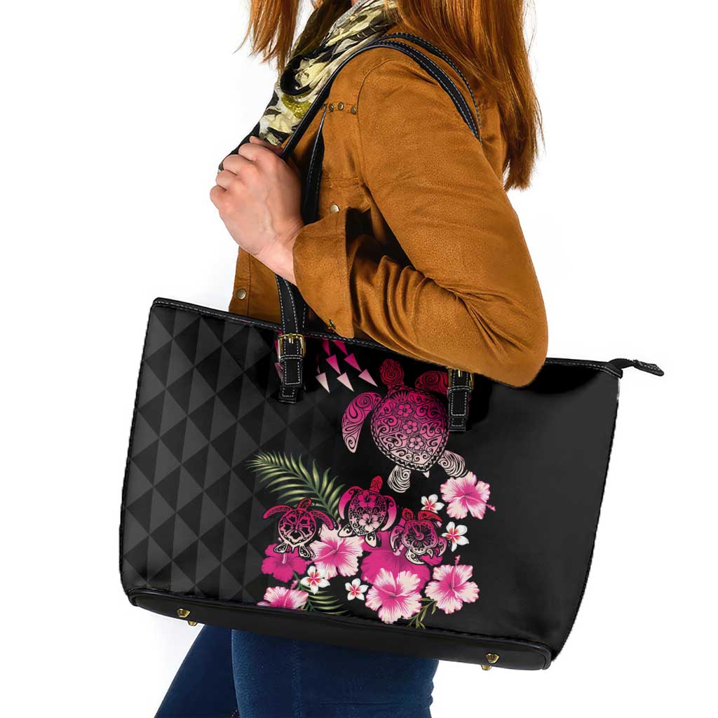 Hawaiian Hibiscus Turtle and Tropical Flower Leather Tote Bag Sweet Vibe LT03 Black - Polynesian Pride