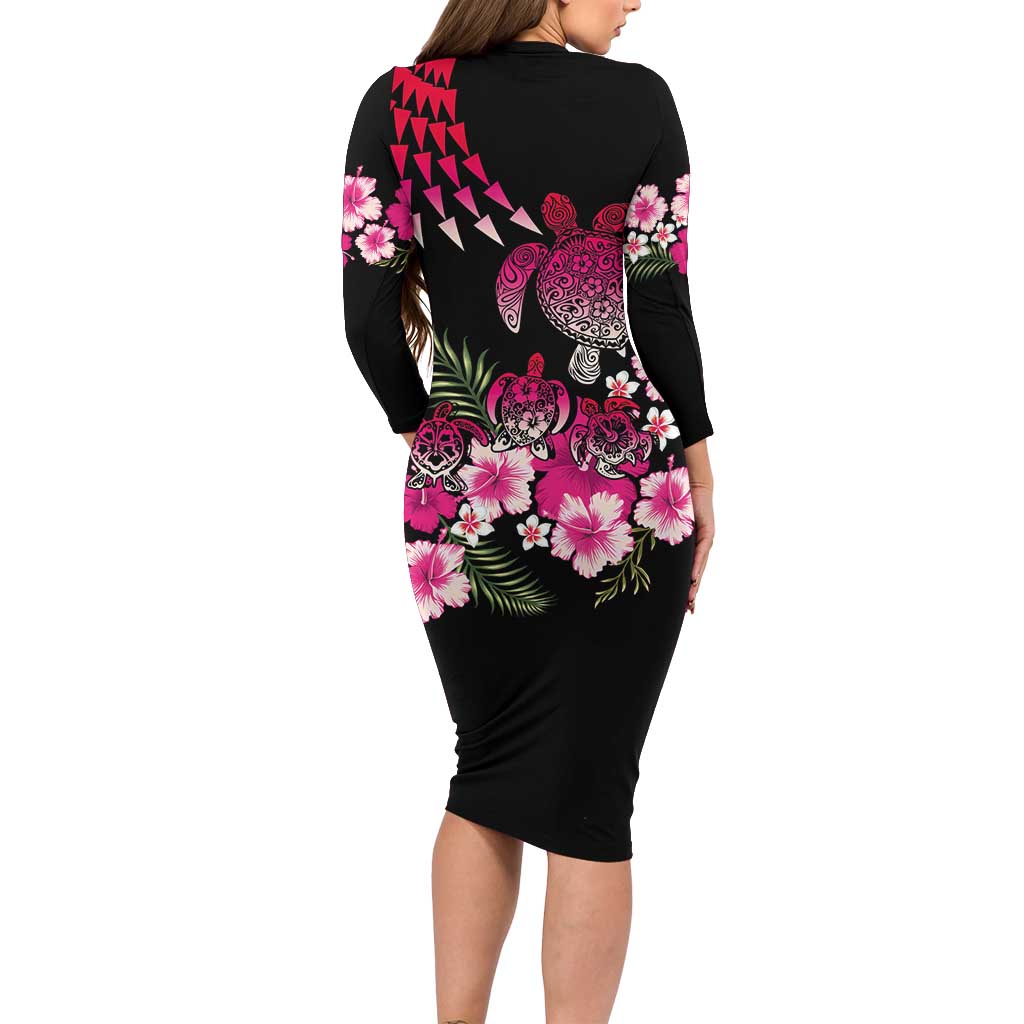 Hawaiian Hibiscus Turtle and Tropical Flower Long Sleeve Bodycon Dress Sweet Vibe
