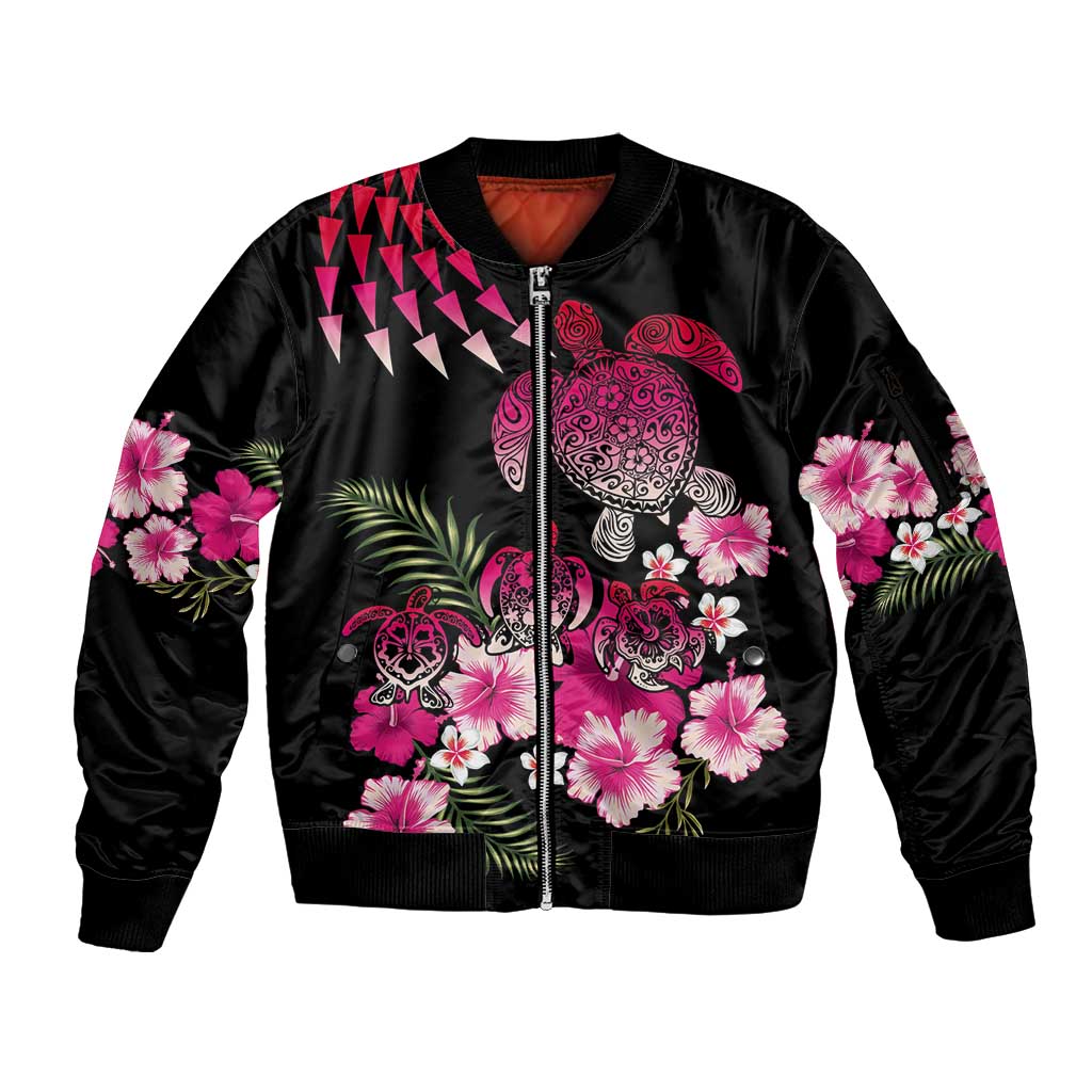 Hawaiian Hibiscus Turtle and Tropical Flower Sleeve Zip Bomber Jacket Sweet Vibe LT03 Unisex Black - Polynesian Pride