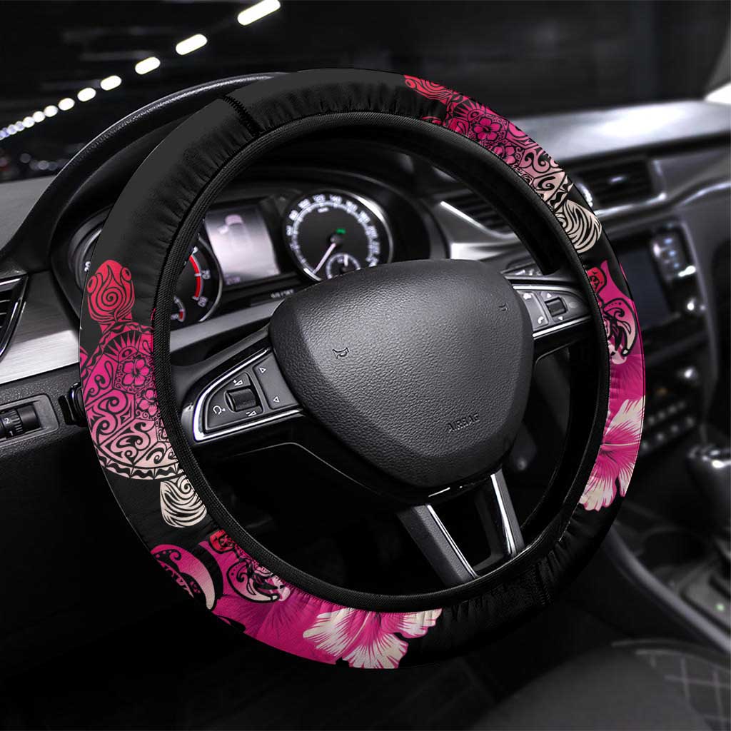 Hawaiian Hibiscus Turtle and Tropical Flower Steering Wheel Cover Sweet Vibe LT03 Universal Fit Black - Polynesian Pride