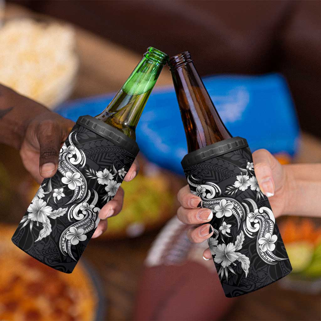 Hawaiian-Polynesian Art Tattoo 4 in 1 Can Cooler Tumbler Hibiscus and Plumeria Grayscale