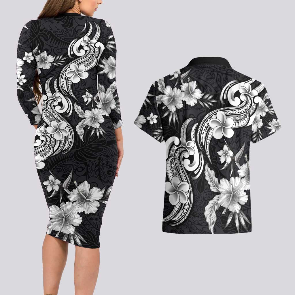 Hawaiian-Polynesian Art Tattoo Couples Matching Long Sleeve Bodycon Dress and Hawaiian Shirt Hibiscus and Plumeria Grayscale LT03 - Polynesian Pride