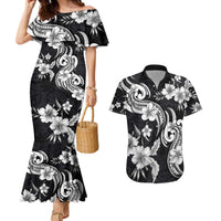 Hawaiian-Polynesian Art Tattoo Couples Matching Mermaid Dress and Hawaiian Shirt Hibiscus and Plumeria Grayscale LT03 Black - Polynesian Pride