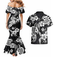 Hawaiian-Polynesian Art Tattoo Couples Matching Mermaid Dress and Hawaiian Shirt Hibiscus and Plumeria Grayscale LT03 - Polynesian Pride