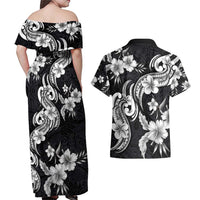 Hawaiian-Polynesian Art Tattoo Couples Matching Off Shoulder Maxi Dress and Hawaiian Shirt Hibiscus and Plumeria Grayscale LT03 - Polynesian Pride