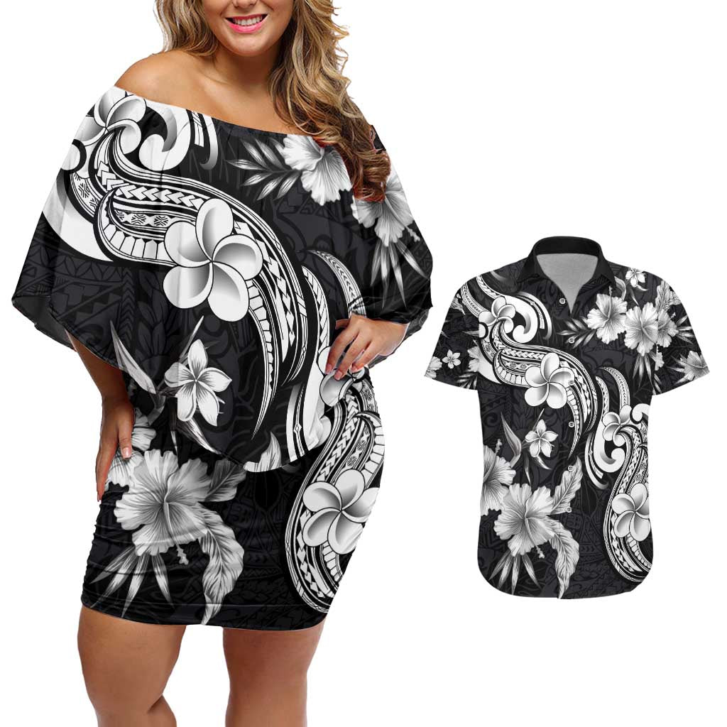 Hawaiian-Polynesian Art Tattoo Couples Matching Off Shoulder Short Dress and Hawaiian Shirt Hibiscus and Plumeria Grayscale LT03 Black - Polynesian Pride