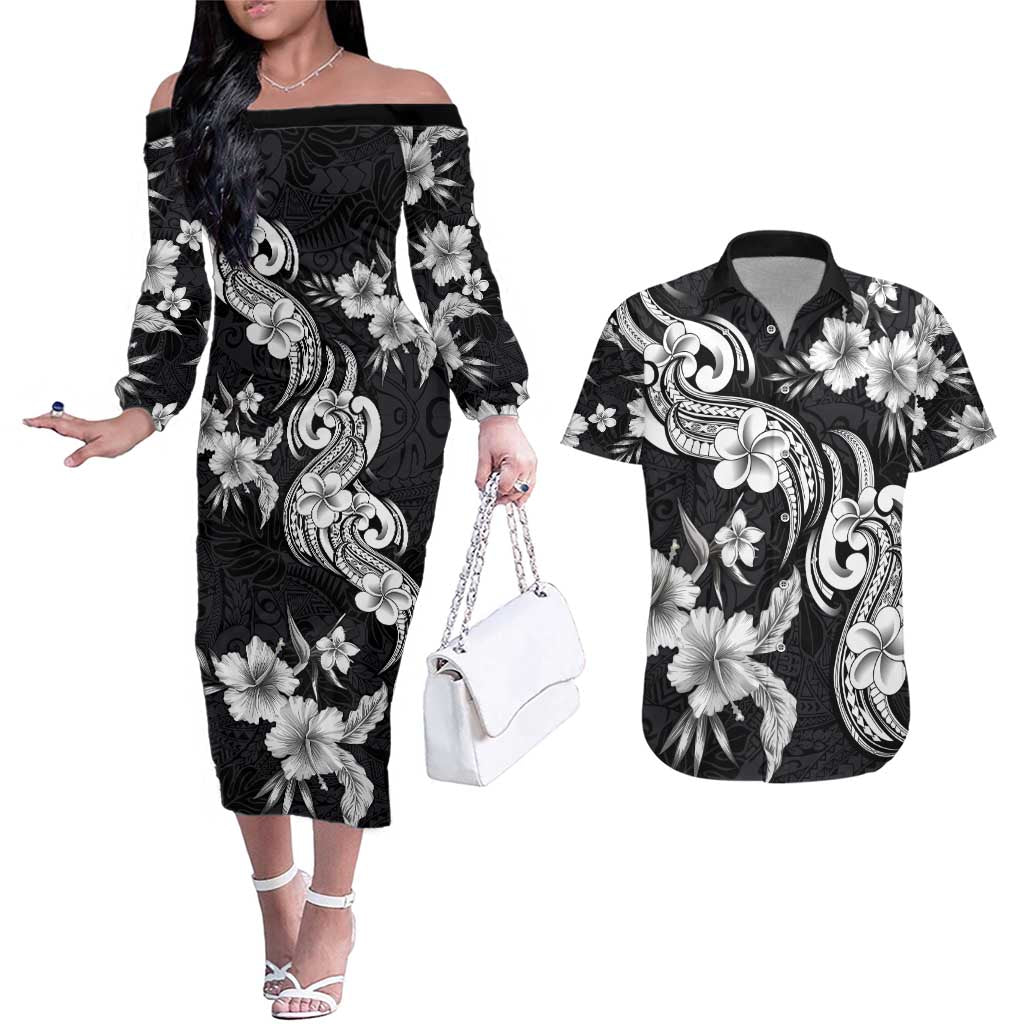 Hawaiian-Polynesian Art Tattoo Couples Matching Off The Shoulder Long Sleeve Dress and Hawaiian Shirt Hibiscus and Plumeria Grayscale LT03 Black - Polynesian Pride