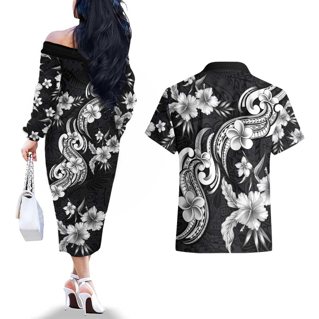 Hawaiian-Polynesian Art Tattoo Couples Matching Off The Shoulder Long Sleeve Dress and Hawaiian Shirt Hibiscus and Plumeria Grayscale LT03 - Polynesian Pride
