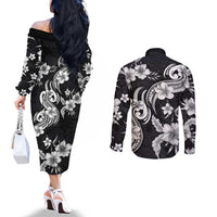 Hawaiian-Polynesian Art Tattoo Couples Matching Off The Shoulder Long Sleeve Dress and Long Sleeve Button Shirt Hibiscus and Plumeria Grayscale LT03 - Polynesian Pride