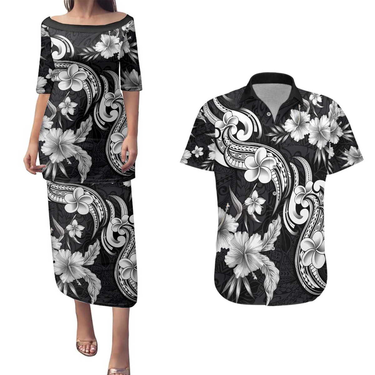 Hawaiian-Polynesian Art Tattoo Couples Matching Puletasi and Hawaiian Shirt Hibiscus and Plumeria Grayscale
