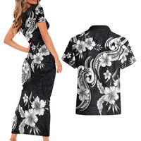 Hawaiian-Polynesian Art Tattoo Couples Matching Short Sleeve Bodycon Dress and Hawaiian Shirt Hibiscus and Plumeria Grayscale LT03 - Polynesian Pride