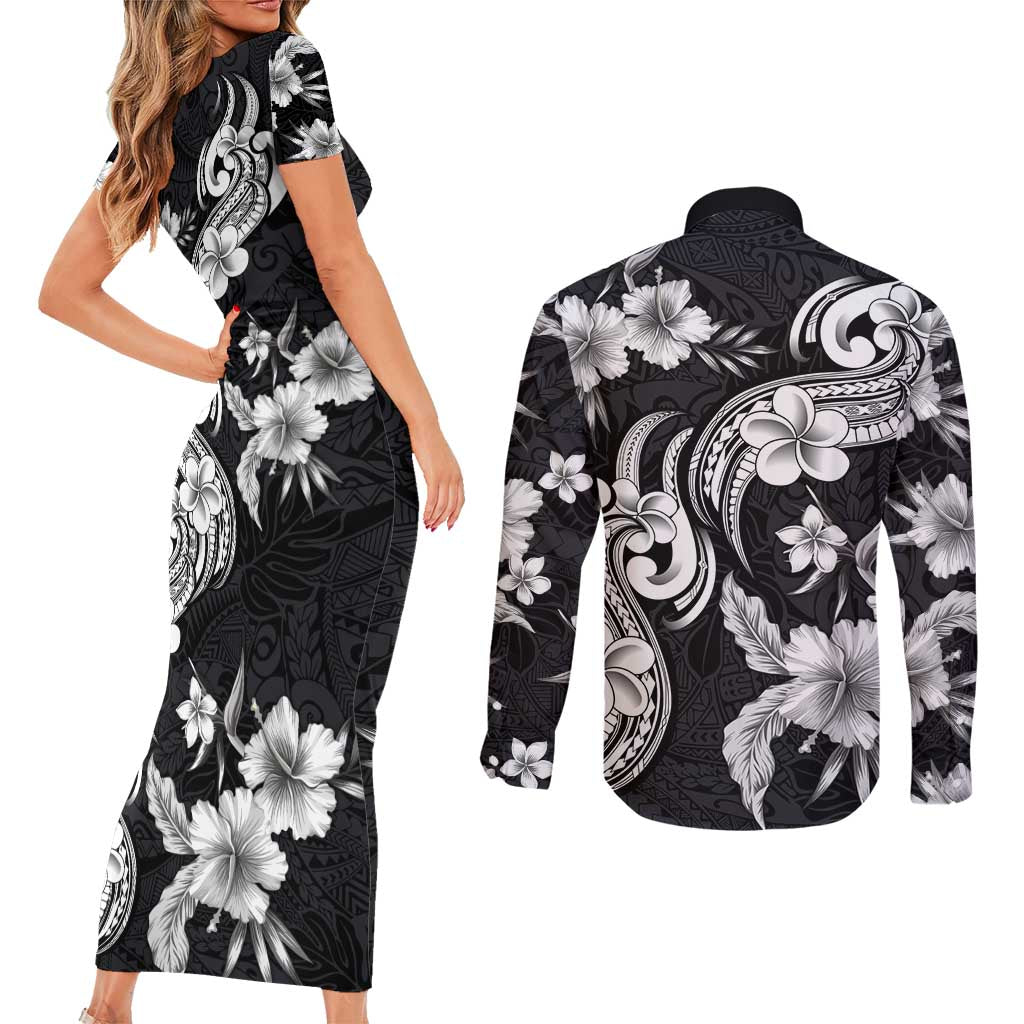 Hawaiian-Polynesian Art Tattoo Couples Matching Short Sleeve Bodycon Dress and Long Sleeve Button Shirt Hibiscus and Plumeria Grayscale LT03 - Polynesian Pride