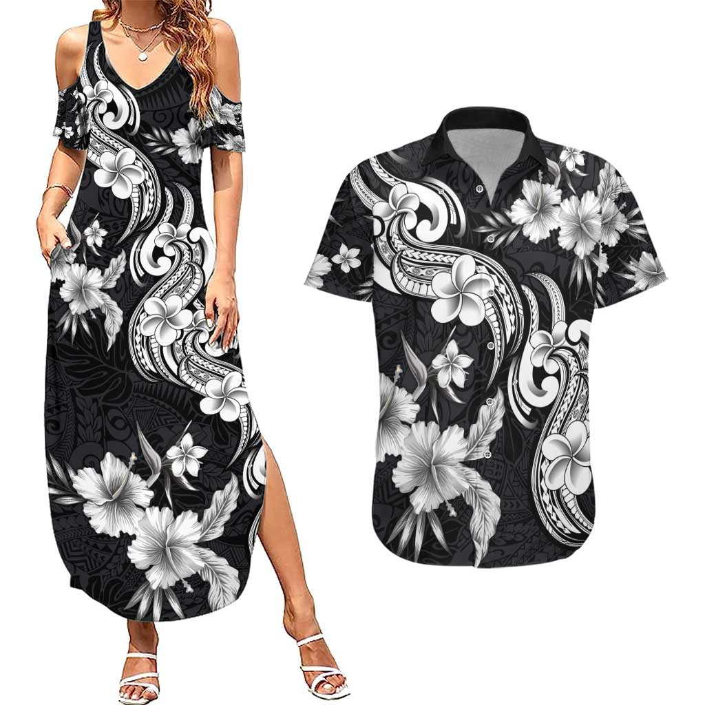 Hawaiian-Polynesian Art Tattoo Couples Matching Summer Maxi Dress and Hawaiian Shirt Hibiscus and Plumeria Grayscale LT03 Black - Polynesian Pride