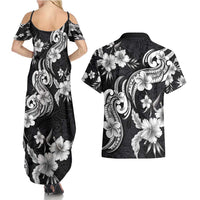Hawaiian-Polynesian Art Tattoo Couples Matching Summer Maxi Dress and Hawaiian Shirt Hibiscus and Plumeria Grayscale LT03 - Polynesian Pride